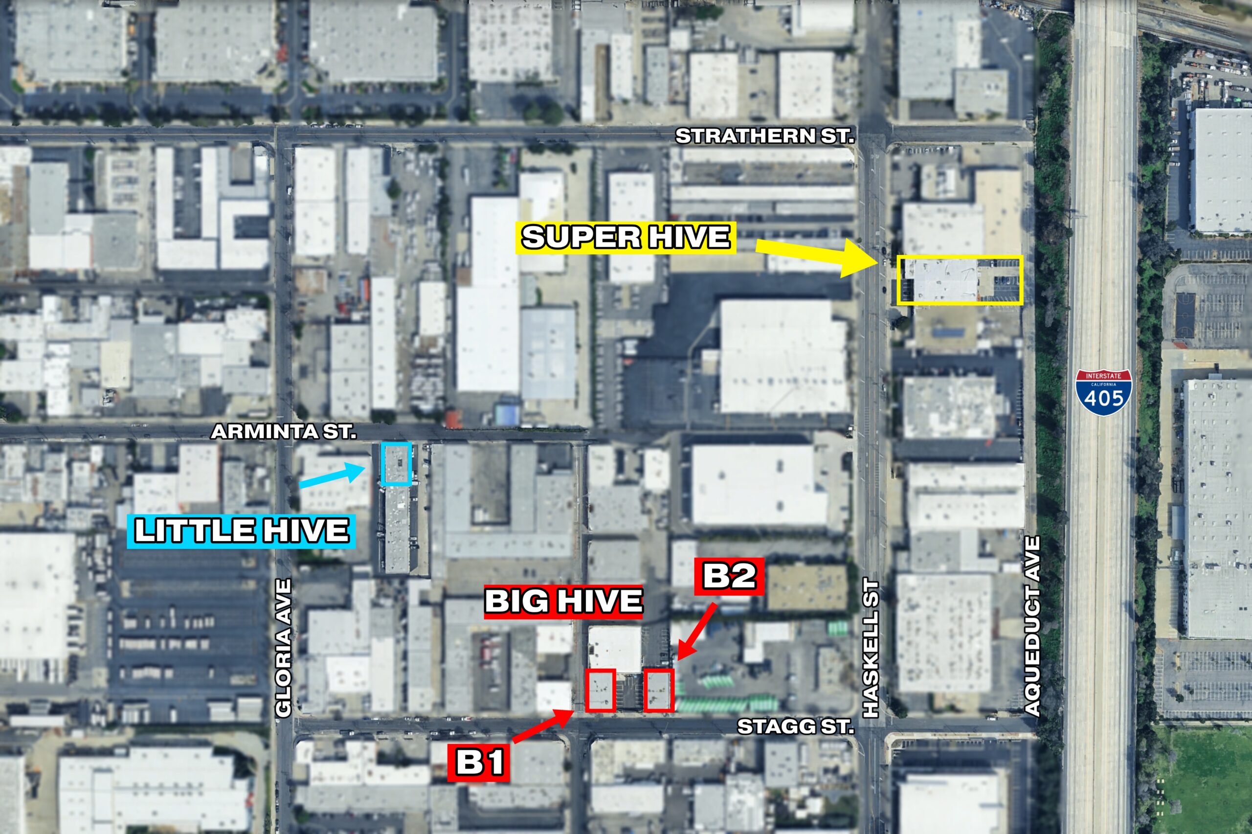The Beehive LA campus map showing all studio buildings in Van Nuys, California
